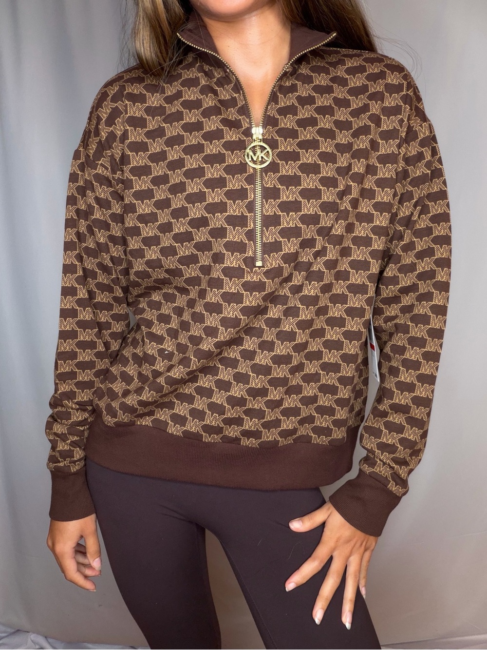 Michael Kors Brown Allover MK Logo Half-Zip Pullover